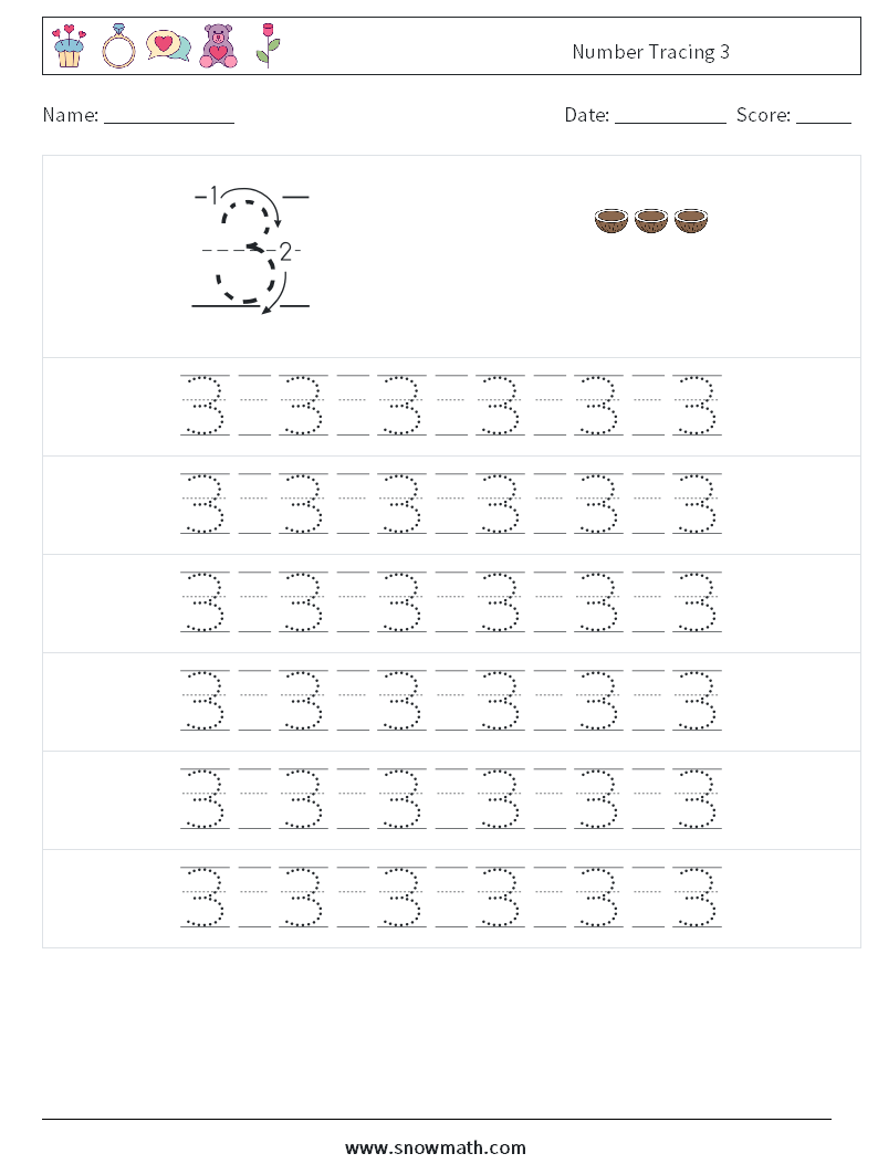 Number Tracing 3 Maths Worksheets 17