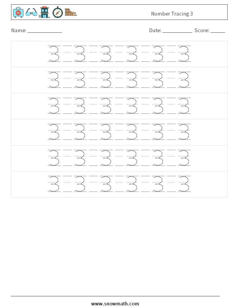 Number Tracing 3 Maths Worksheets 18