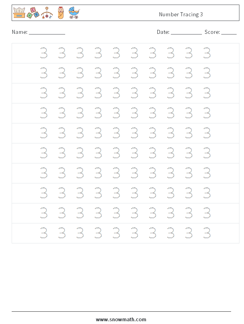 Number Tracing 3 Maths Worksheets 2