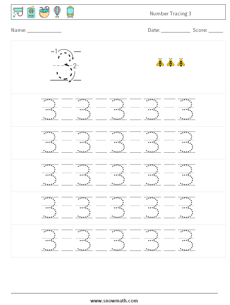 Number Tracing 3 Maths Worksheets 21