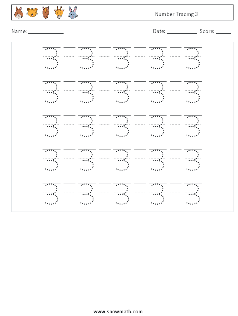 Number Tracing 3 Maths Worksheets 22