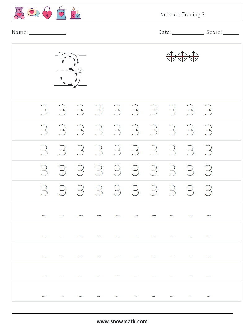 Number Tracing 3 Math Worksheets 3