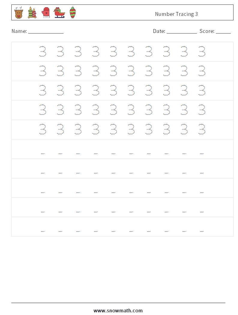 Number Tracing 3 Math Worksheets 4