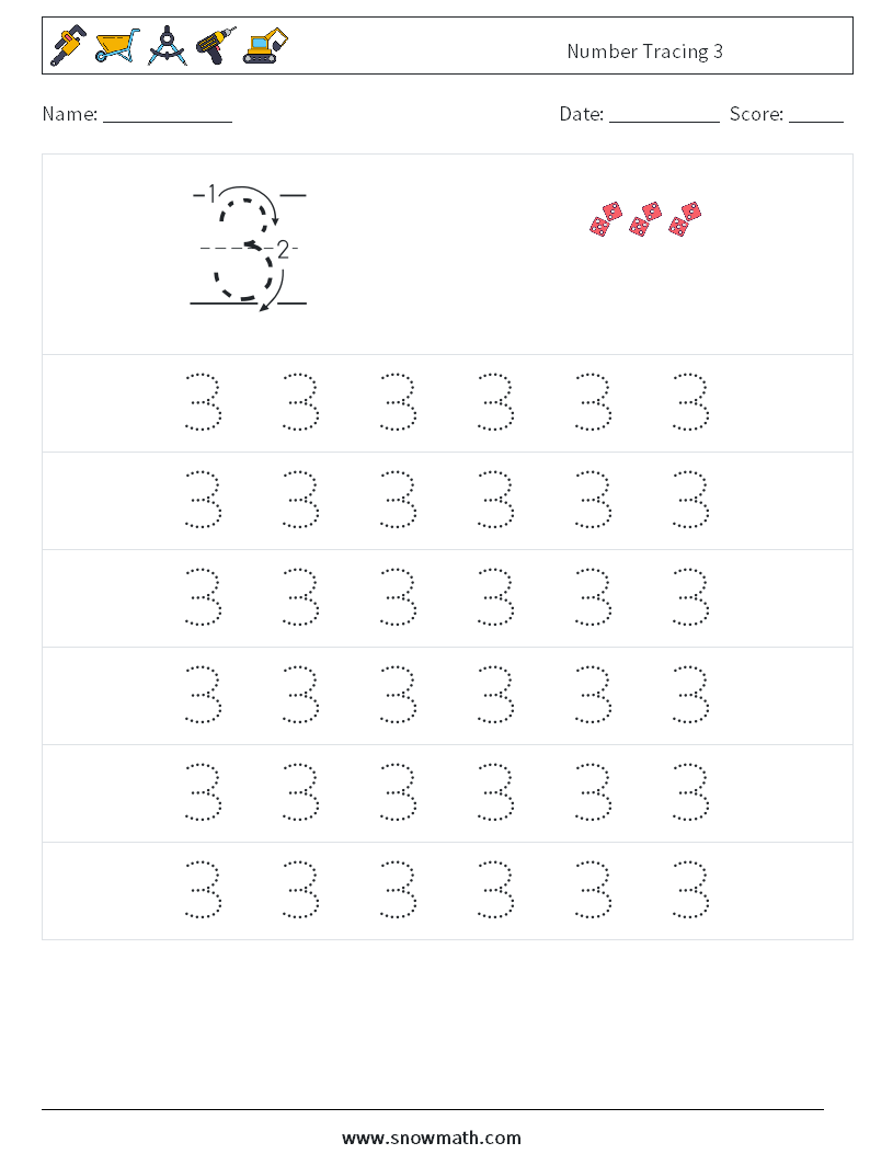 Number Tracing 3 Maths Worksheets 5