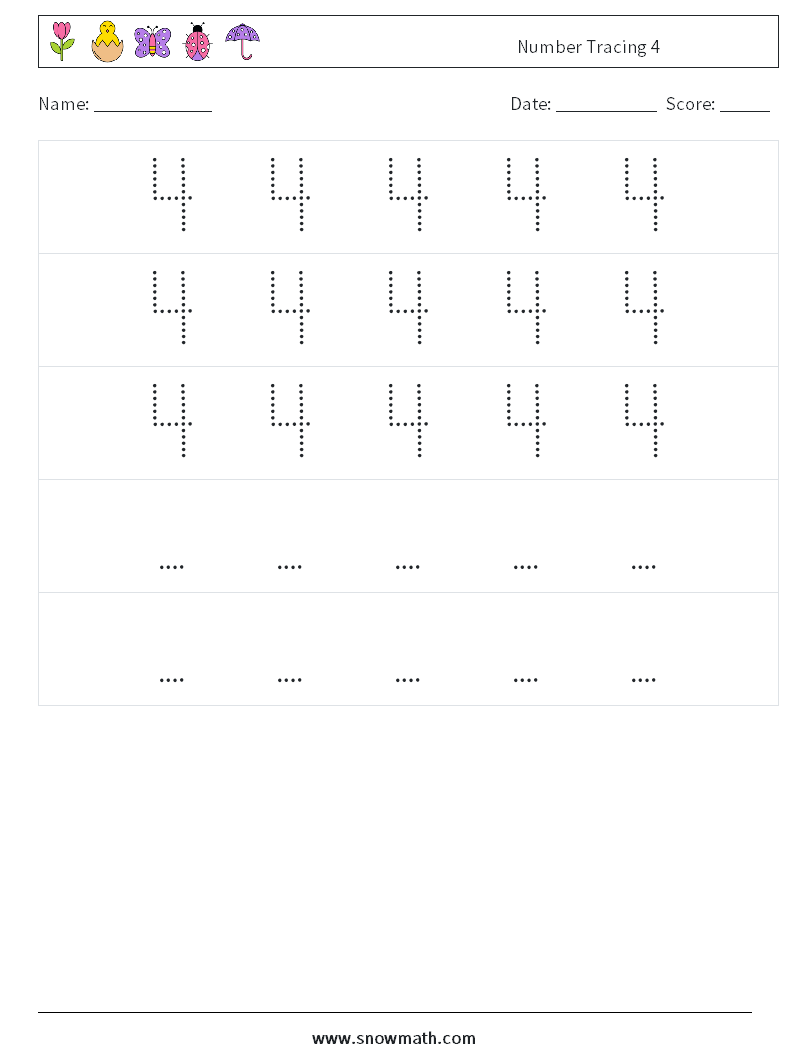 Number Tracing 4 Math Worksheets 12