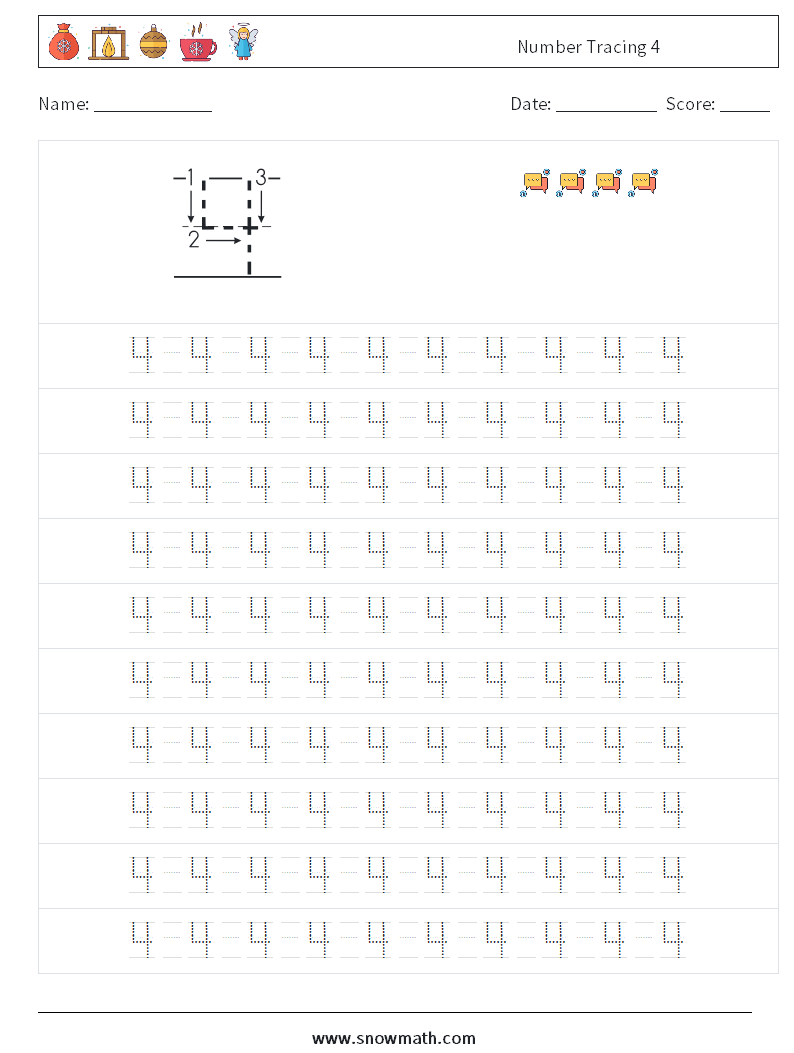 Number Tracing 4 Math Worksheets 13