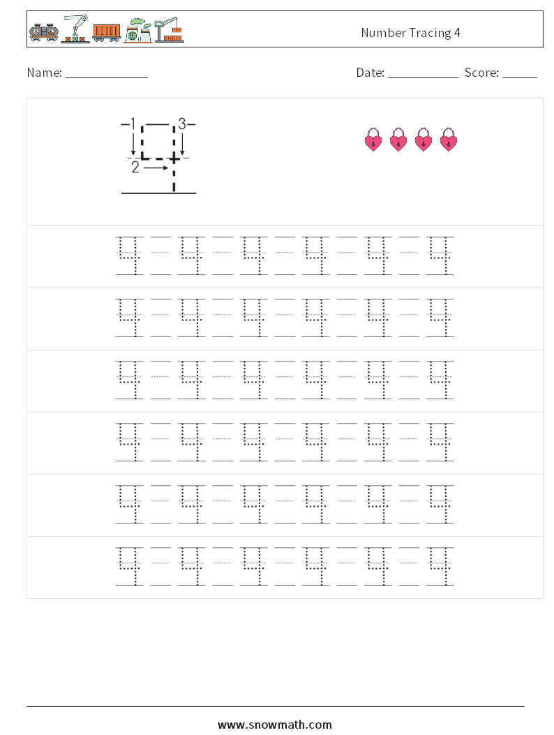 Number Tracing 4 Maths Worksheets 17