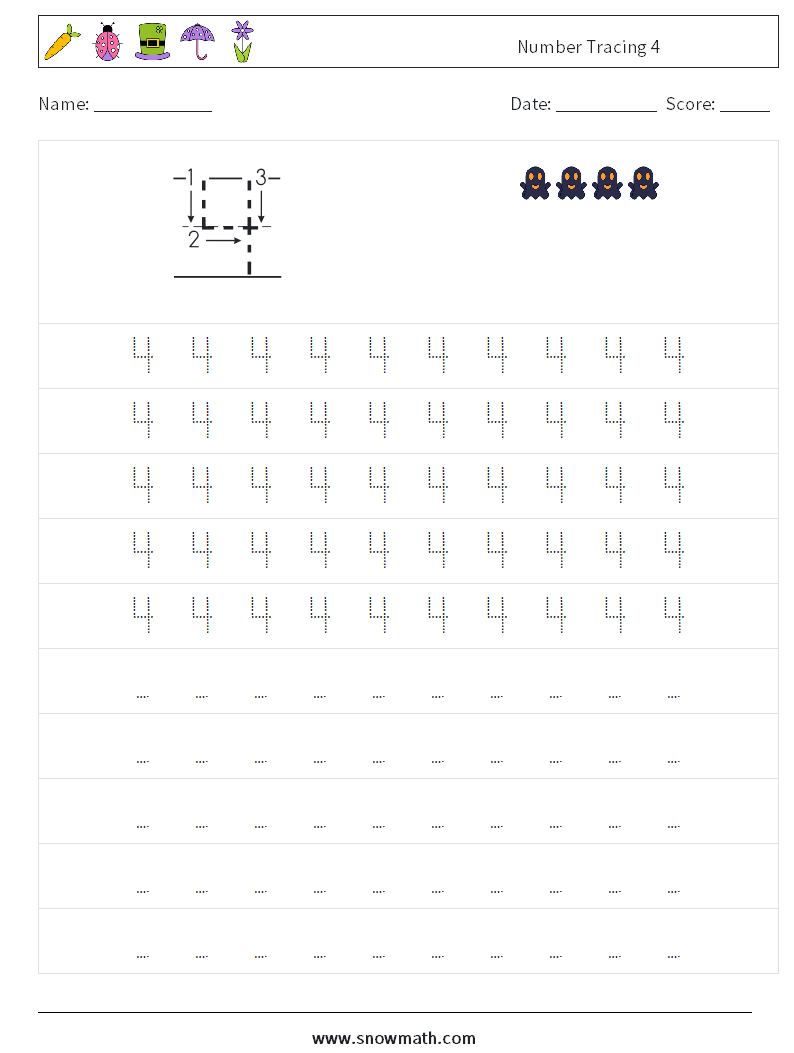 Number Tracing 4 Math Worksheets 3