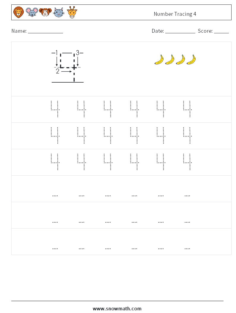 Number Tracing 4 Maths Worksheets 7