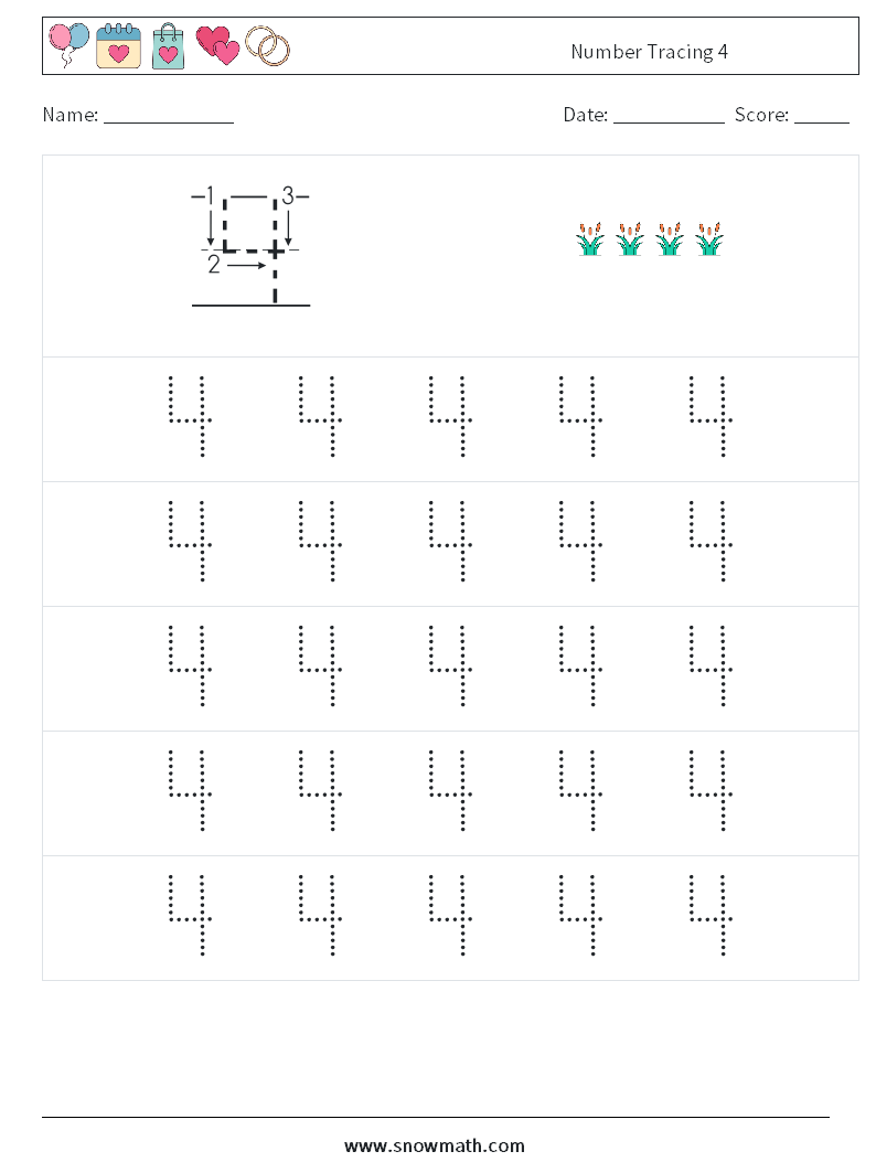 Number Tracing 4 Math Worksheets 9