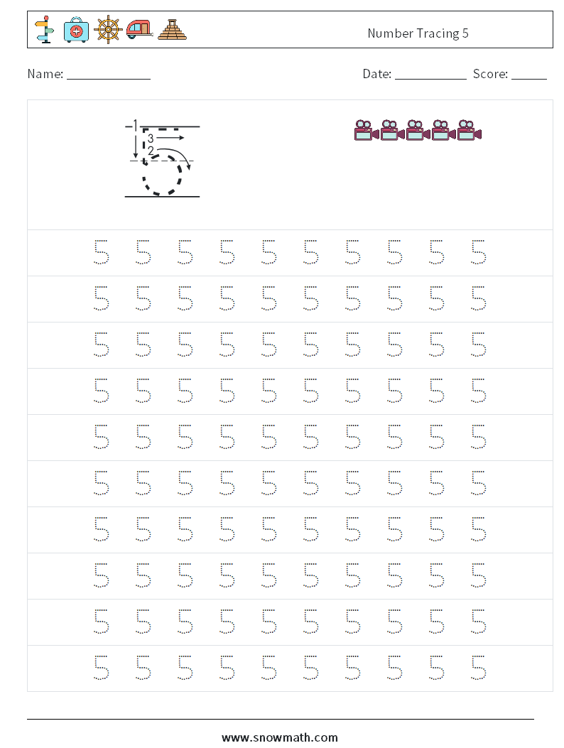 Number Tracing 5 Math Worksheets 1