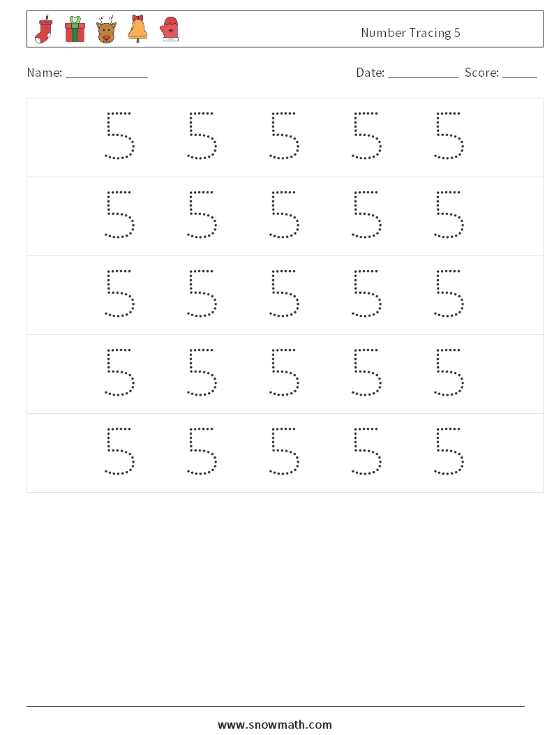 Number Tracing 5 Maths Worksheets 10