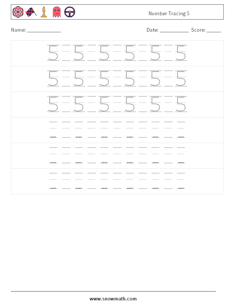 Number Tracing 5 Math Worksheets 20