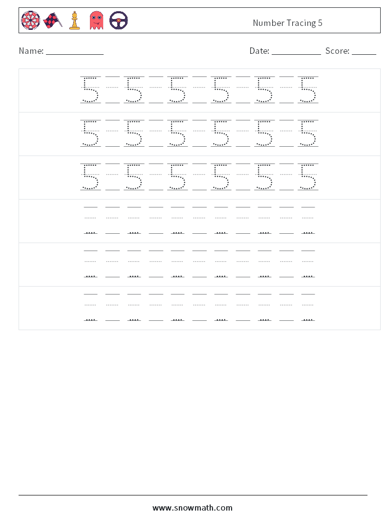 Number Tracing 5 Maths Worksheets 20