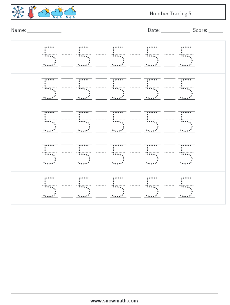 Number Tracing 5 Maths Worksheets 22