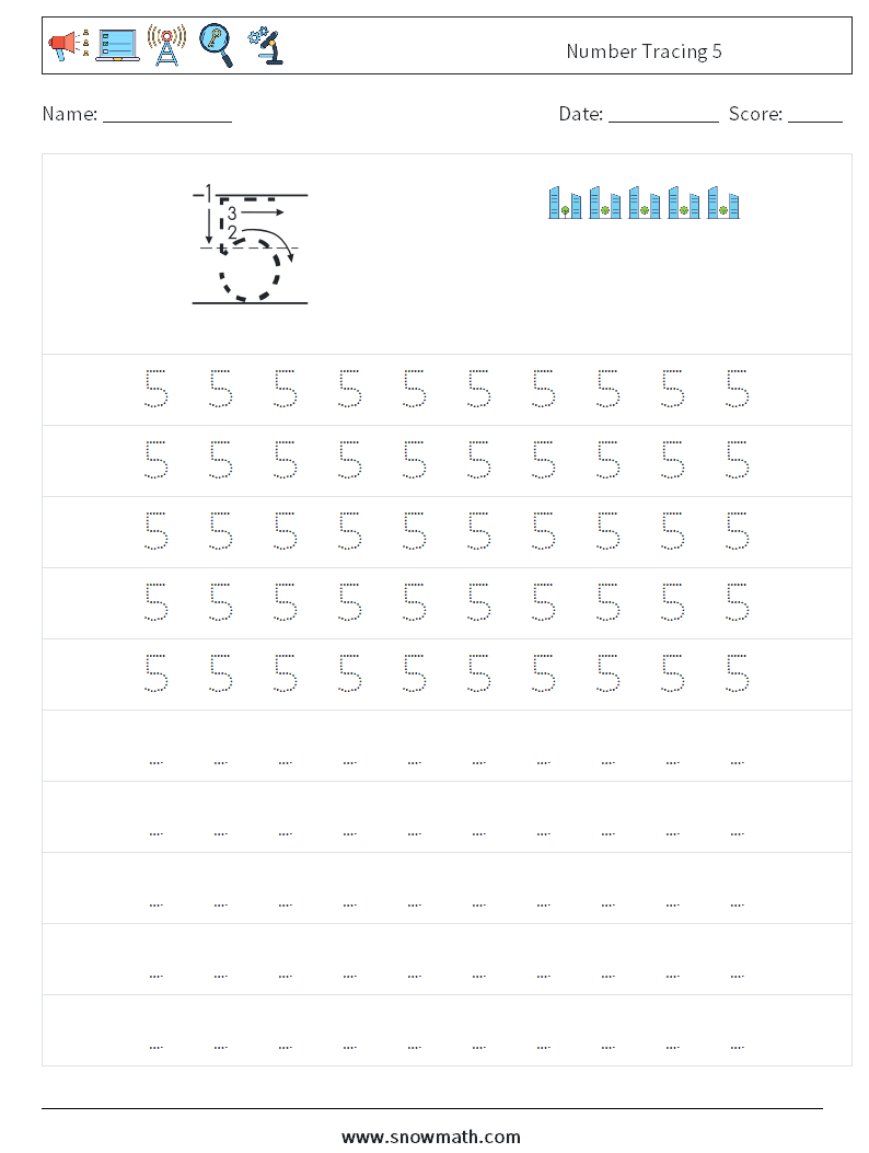 Number Tracing 5 Maths Worksheets 3