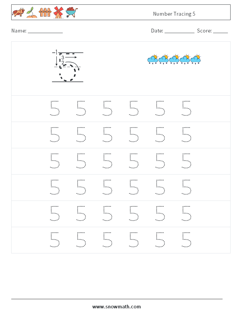 Number Tracing 5 Maths Worksheets 5