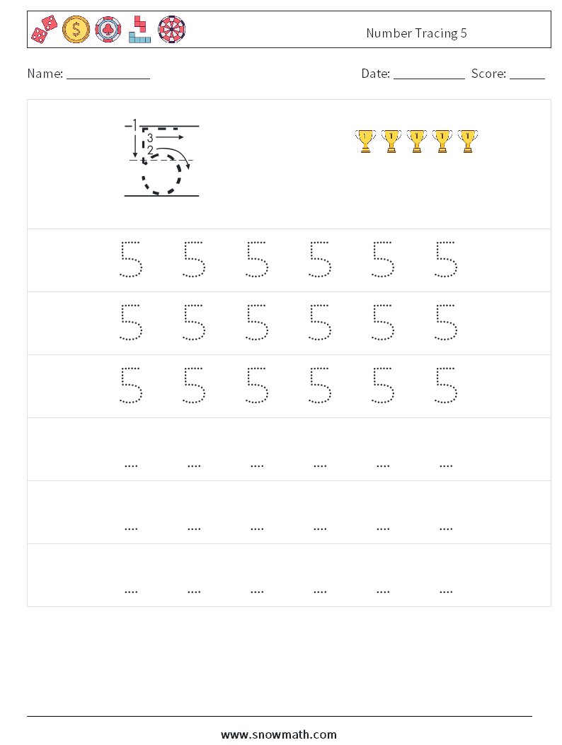 Number Tracing 5 Maths Worksheets 7