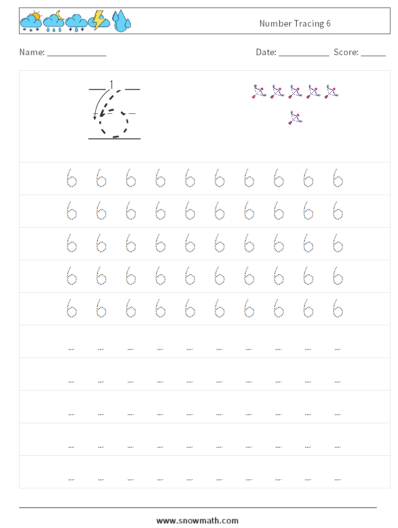 Number Tracing 6 Maths Worksheets 3