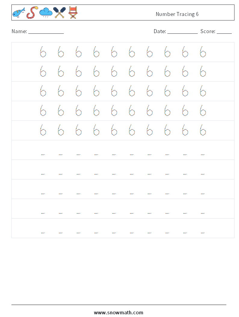 Number Tracing 6 Maths Worksheets 4