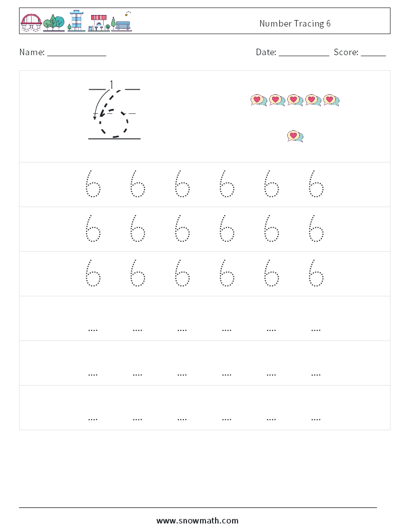 Number Tracing 6 Maths Worksheets 7