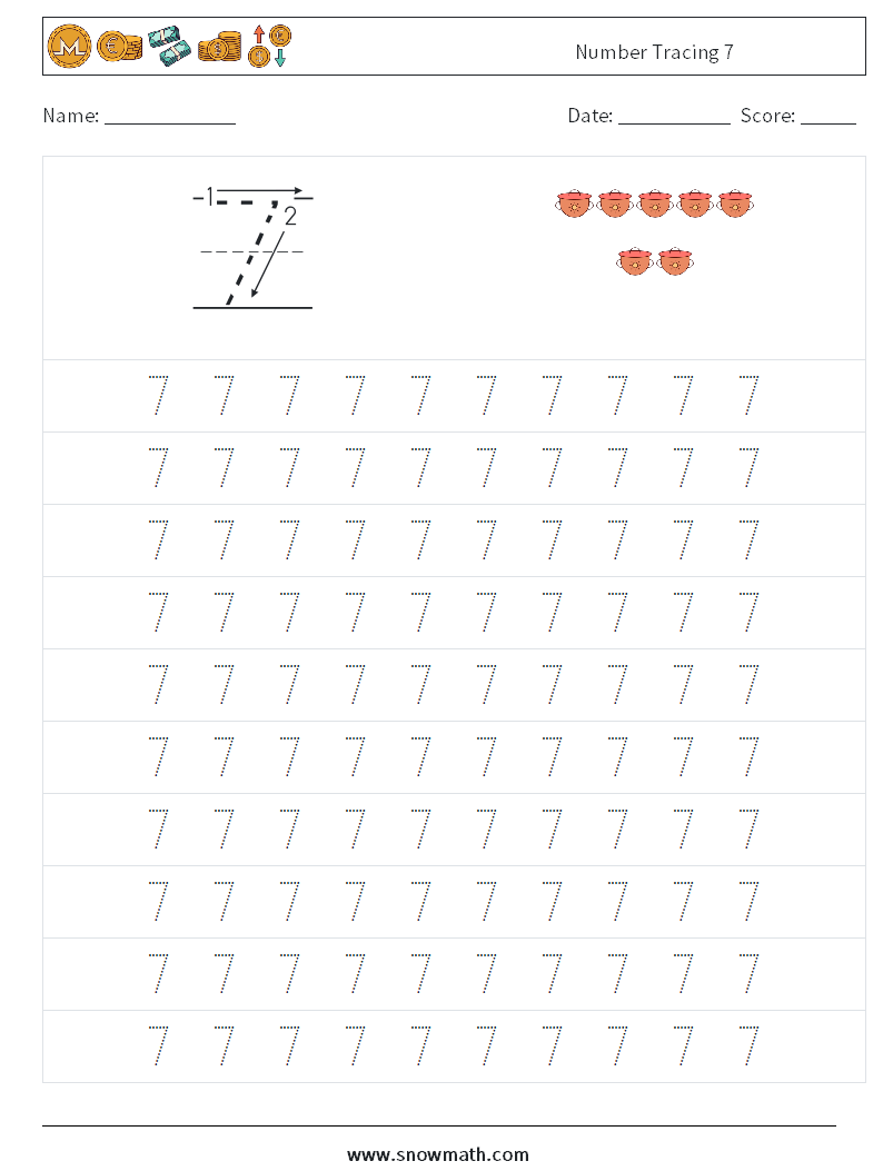 Number Tracing 7 Maths Worksheets 1