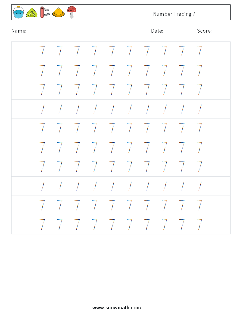 Number Tracing 7 Math Worksheets 2