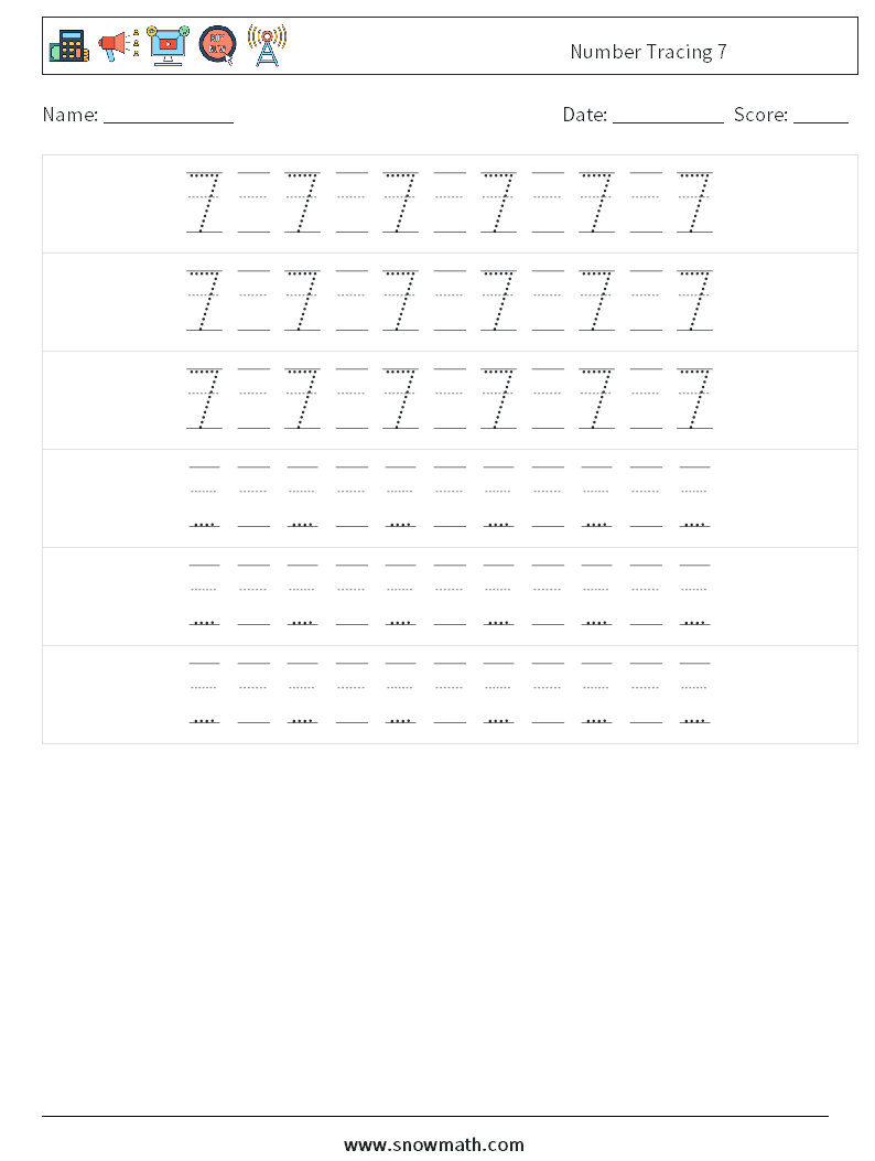 Number Tracing 7 Math Worksheets 20