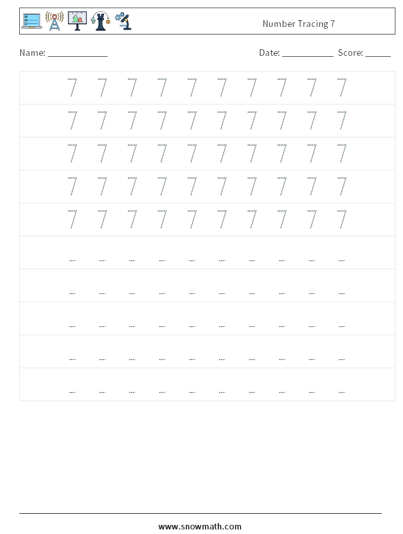 Number Tracing 7 Maths Worksheets 4