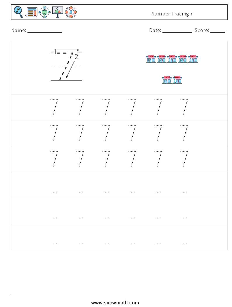 Number Tracing 7 Math Worksheets 7