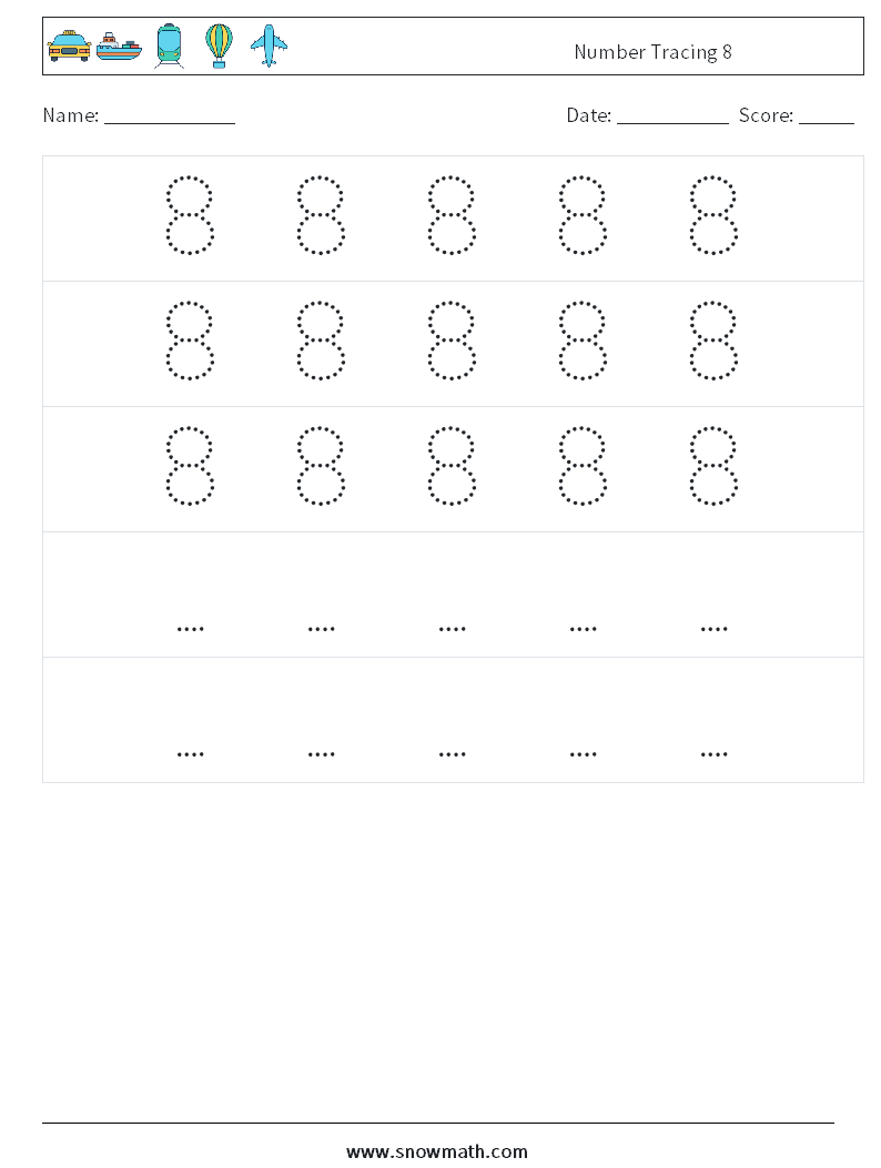 Number Tracing 8 Math Worksheets 12