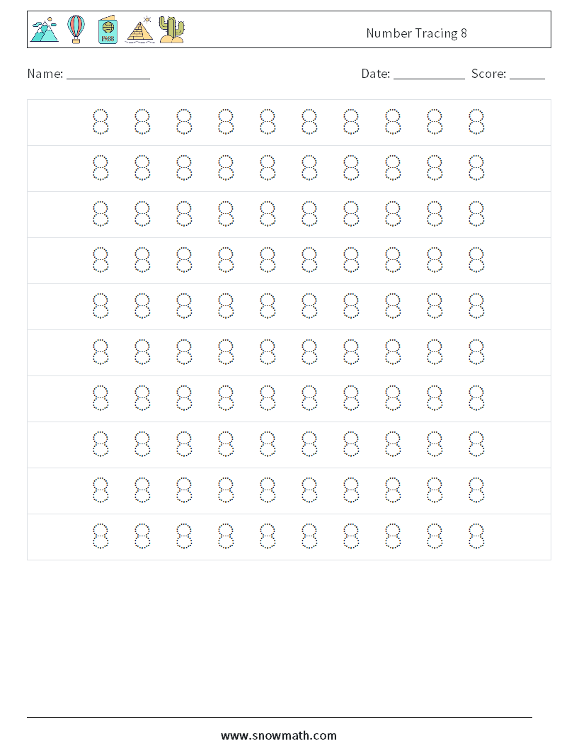 Number Tracing 8 Maths Worksheets 2