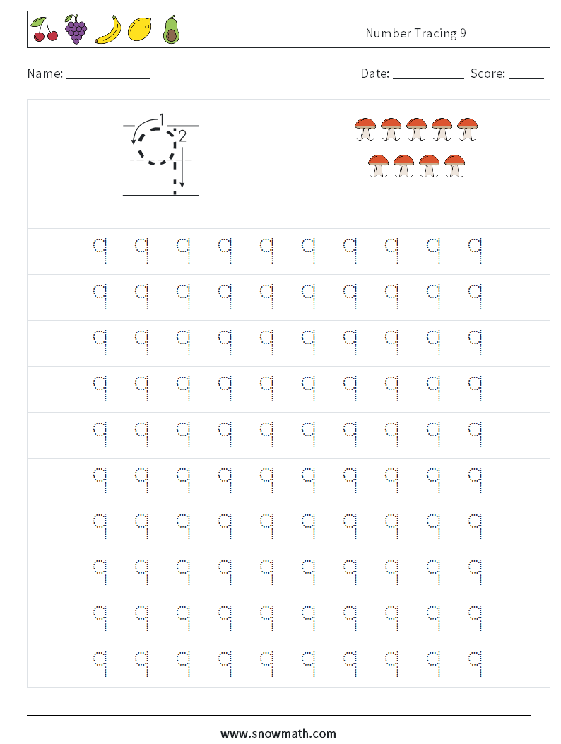 Number Tracing 9 Math Worksheets 1