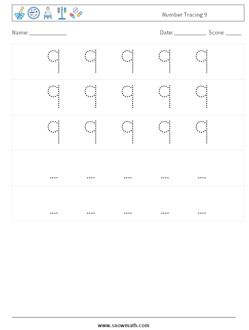 Number Tracing 9 Math Worksheets 12