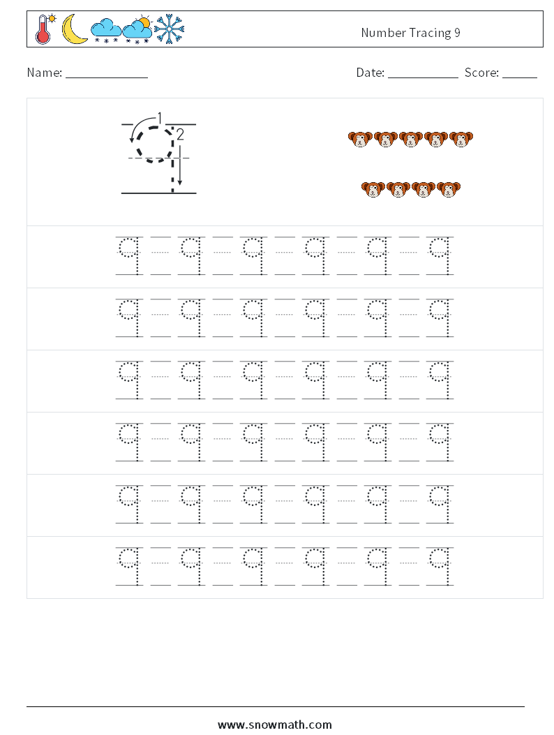 Number Tracing 9 Math Worksheets 17