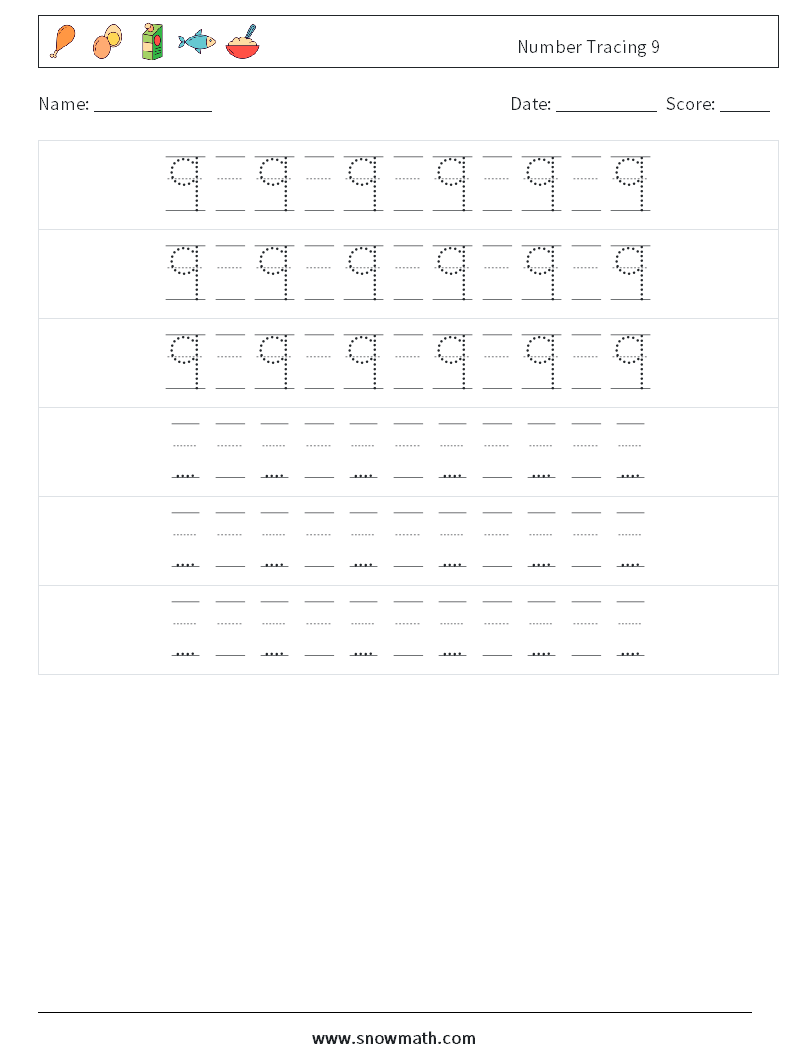 Number Tracing 9 Math Worksheets 20