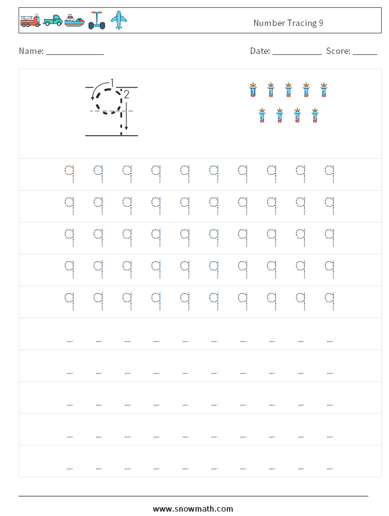 Number Tracing 9 Math Worksheets 3