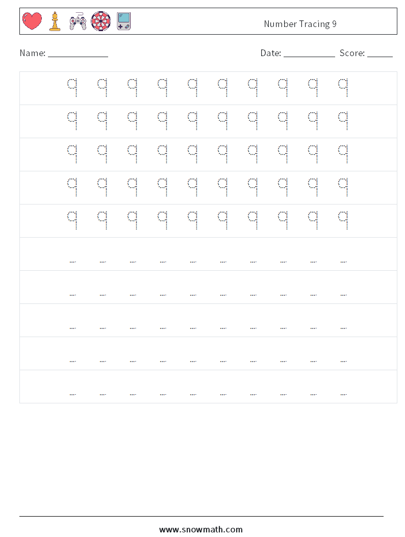 Number Tracing 9 Math Worksheets 4