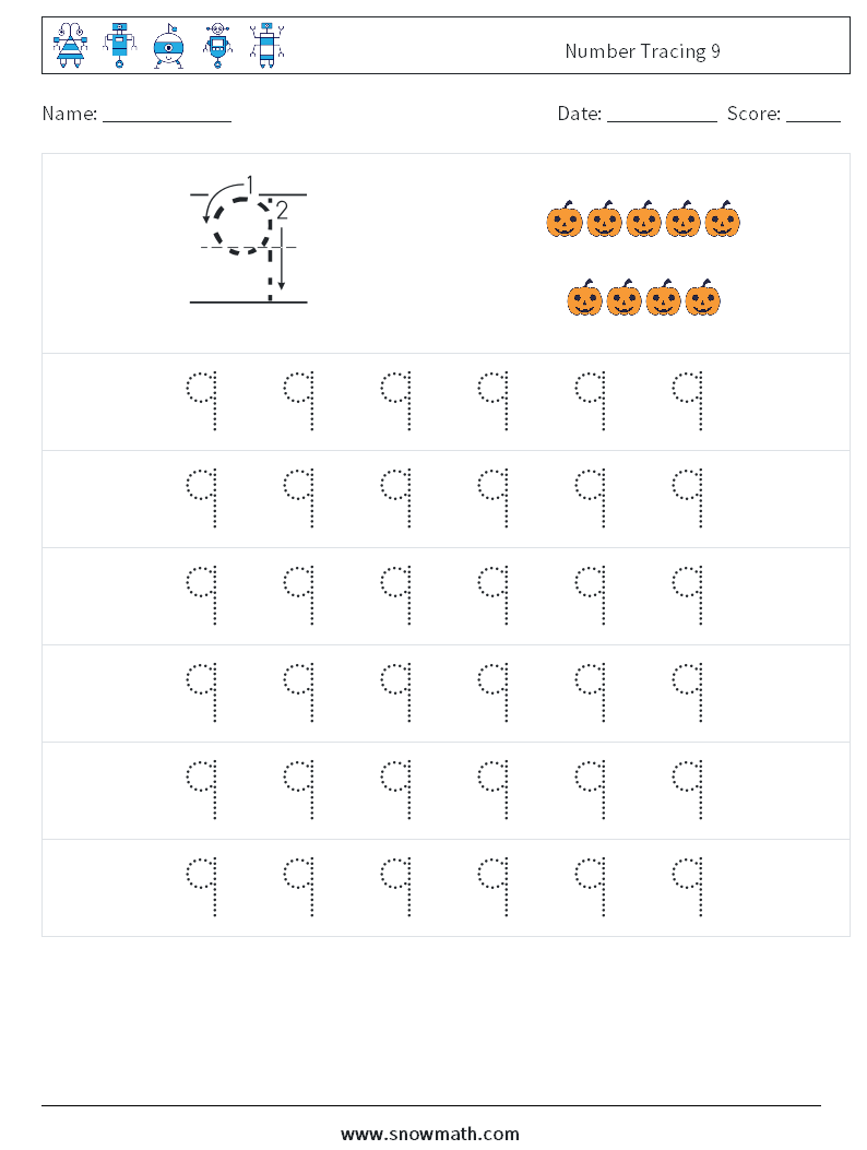 Number Tracing 9 Math Worksheets 5