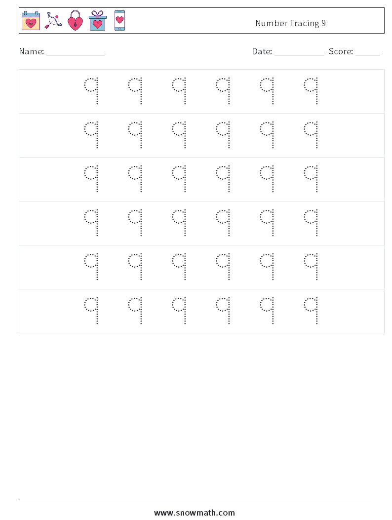 Number Tracing 9 Math Worksheets 6