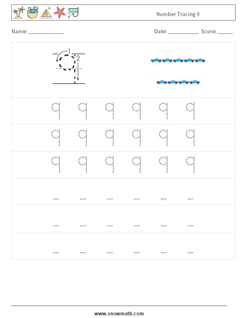 Number Tracing 9 Math Worksheets 7