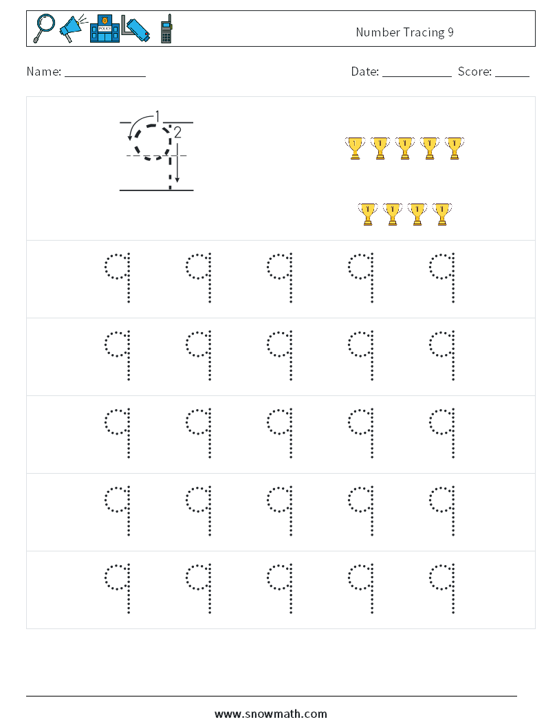 Number Tracing 9 Math Worksheets 9