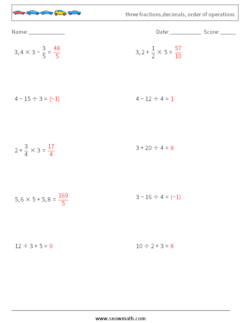 three fractions,decimals, order of operations Math Worksheets 10 Question, Answer