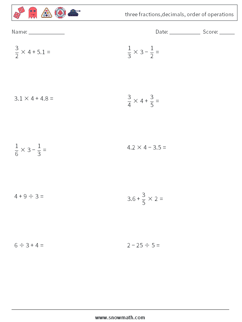 three fractions,decimals, order of operations Maths Worksheets 11