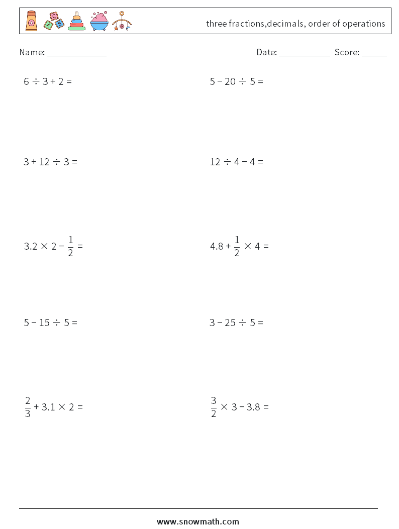 three fractions,decimals, order of operations Maths Worksheets 12