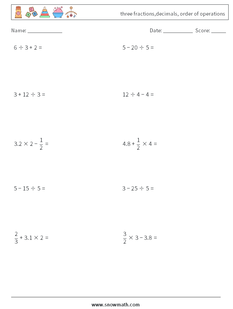 three fractions,decimals, order of operations Math Worksheets 12