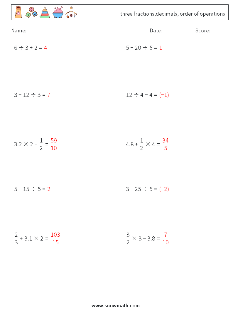 three fractions,decimals, order of operations Math Worksheets 12 Question, Answer