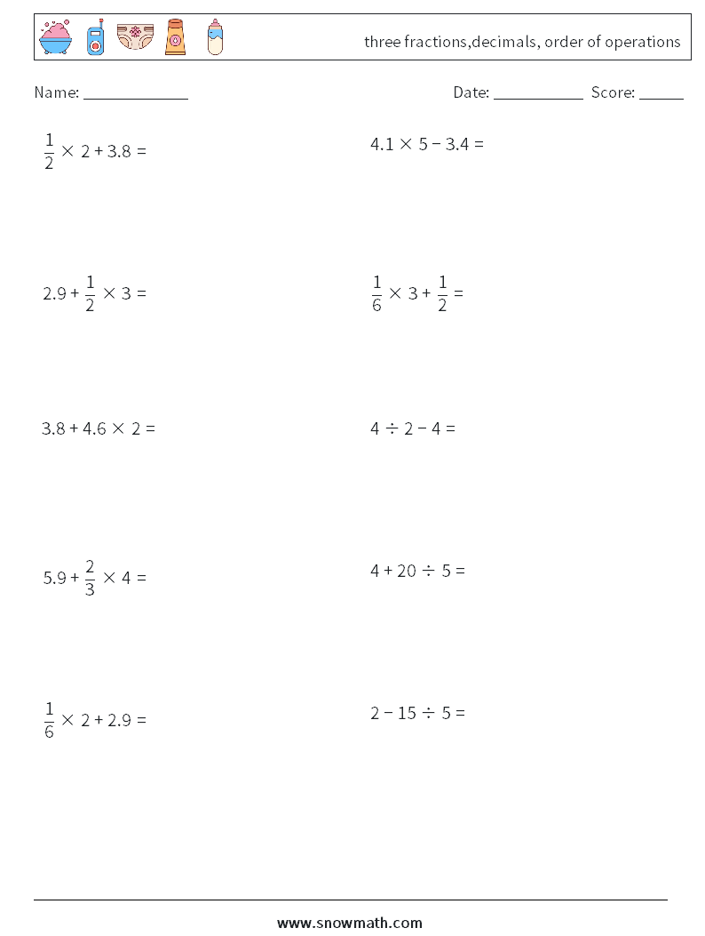three fractions,decimals, order of operations Maths Worksheets 13