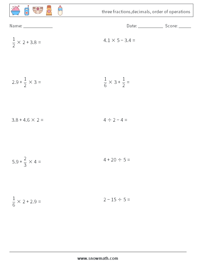 three fractions,decimals, order of operations Math Worksheets 13