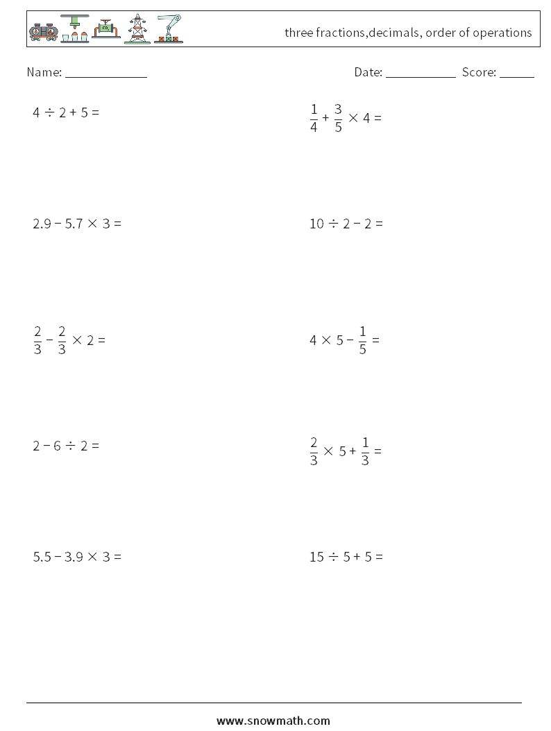 three fractions,decimals, order of operations Maths Worksheets 14